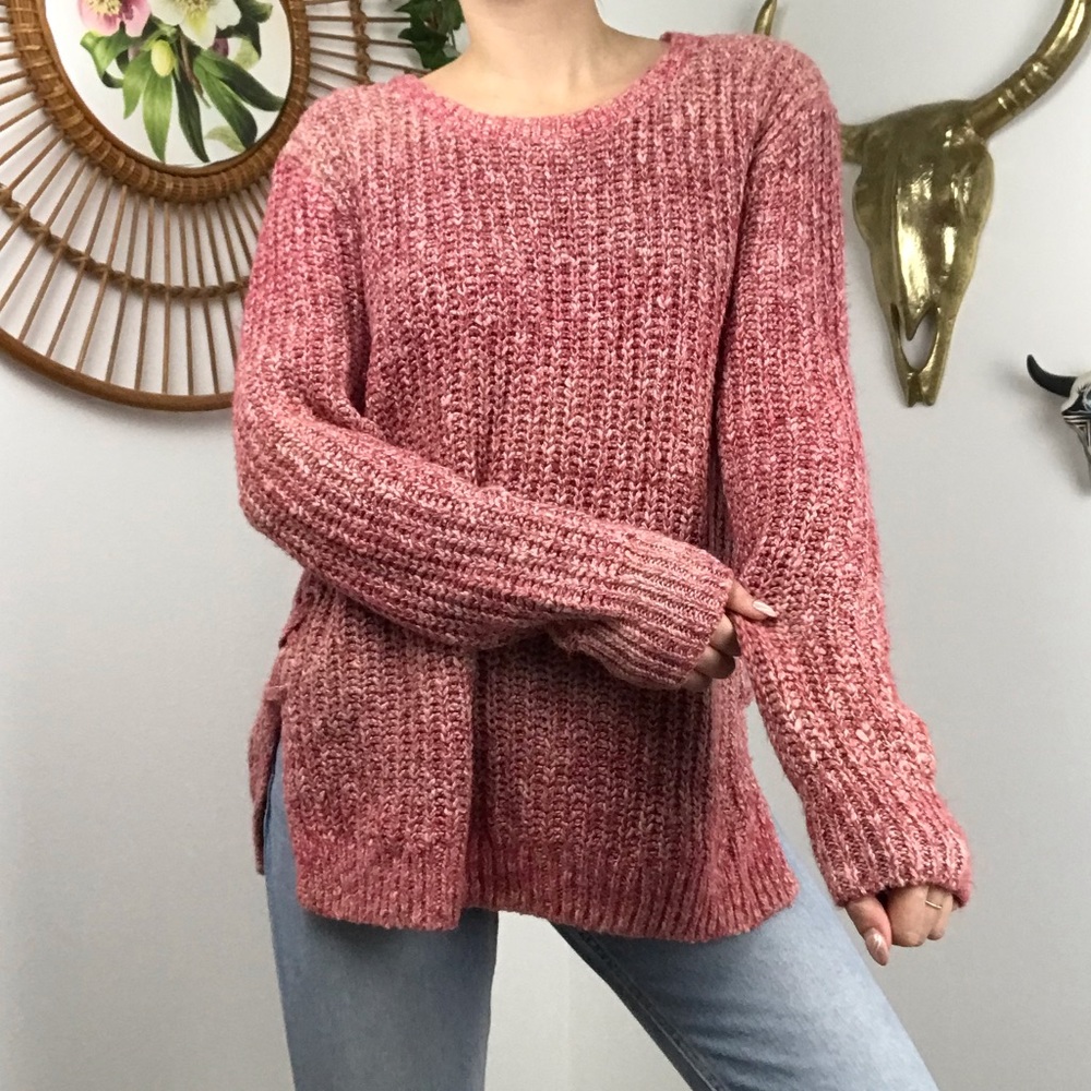 Lucky Brand Pink Red Knit Crewneck Long Sleeve Braided Sweater Sz XL